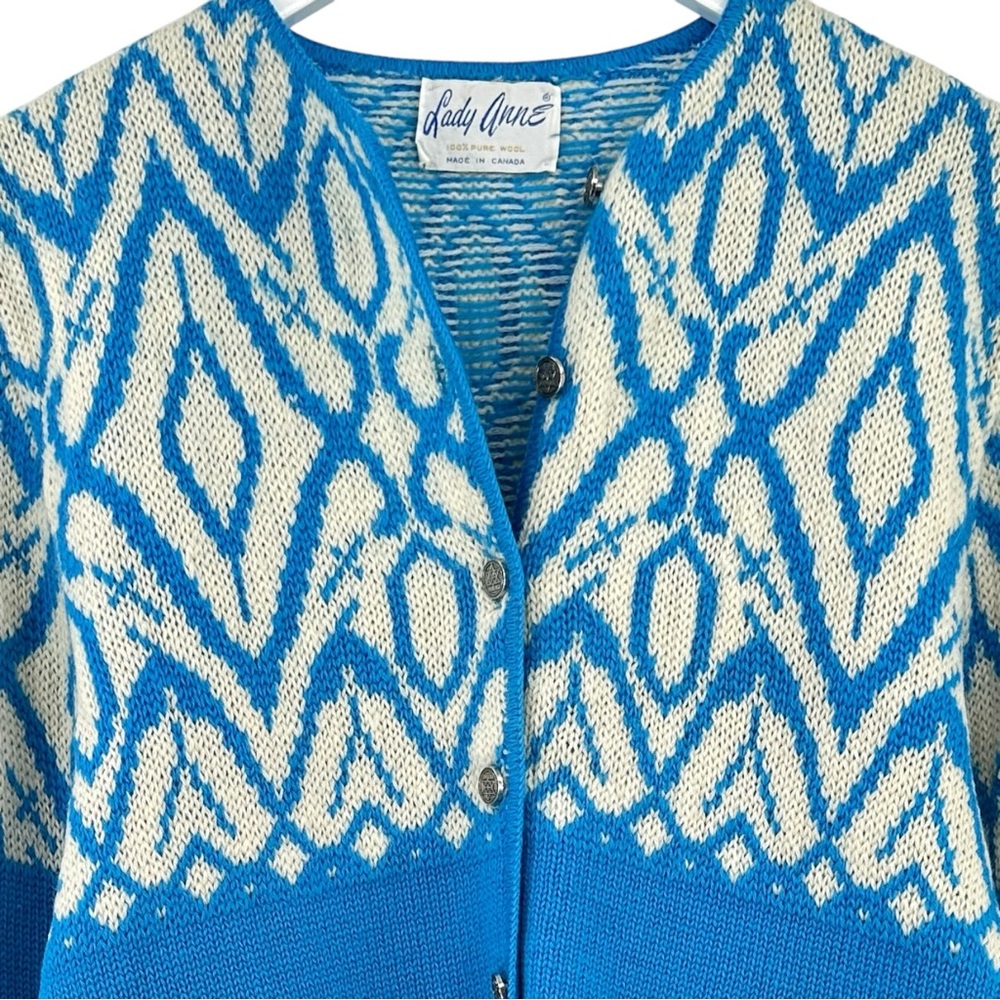 Vintage Made in Canada Lady Anne Blue & White Wool Cardigan Sweater - Picture 3 of 8